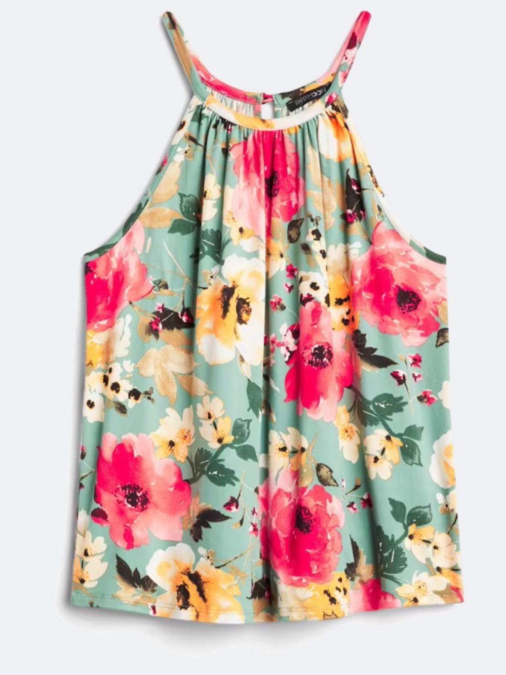 Papermoon Floral Halter Tank Top in Mint with Pink & Yellow Blooms-XS